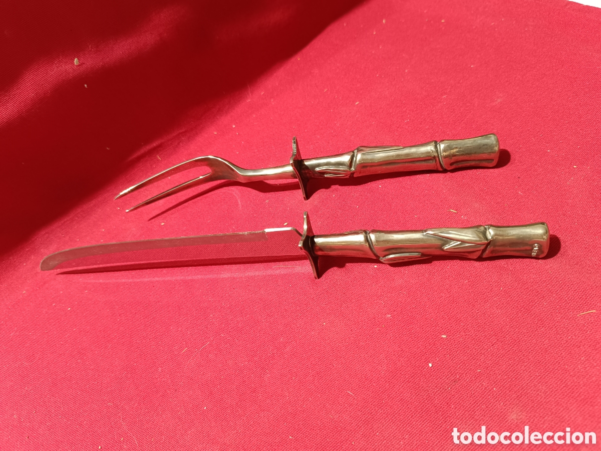 Antig&uuml;edades: Cuchillo y tenedor trinchero con mango en forma de ca&ntilde;a de Bamb&uacute; - Foto 3