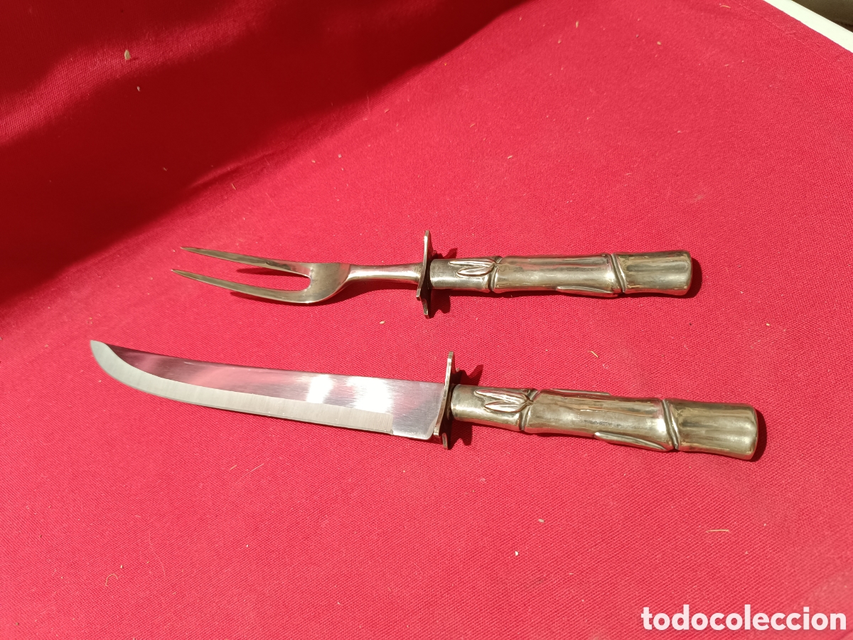 Antig&uuml;edades: Cuchillo y tenedor trinchero con mango en forma de ca&ntilde;a de Bamb&uacute; - Foto 1