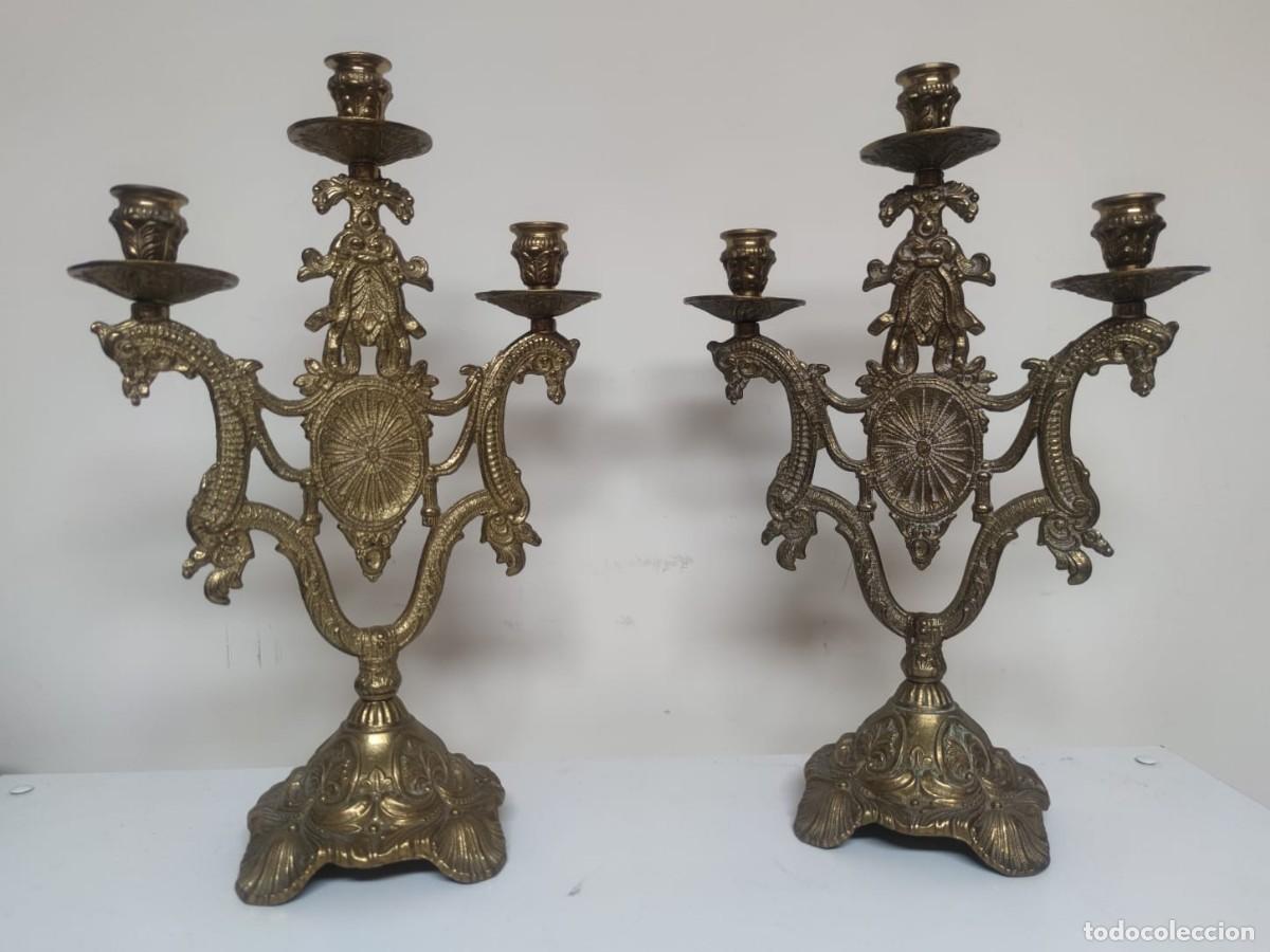 Antig&uuml;edades: PAREJA DE CANDELABROS 3 LUCES BRONCE - Foto 4