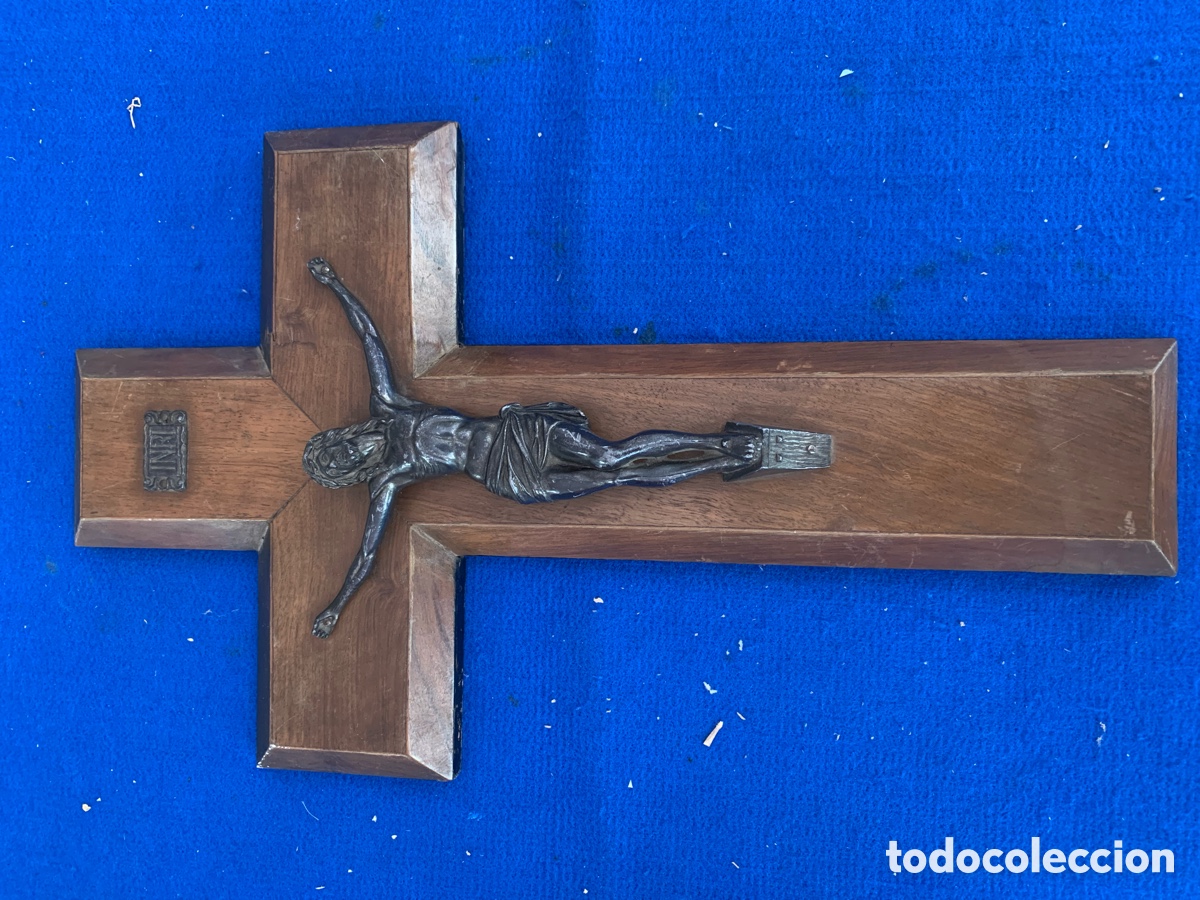 Antig&uuml;edades: Crucifijo antiguo de madera y bronce - Foto 6