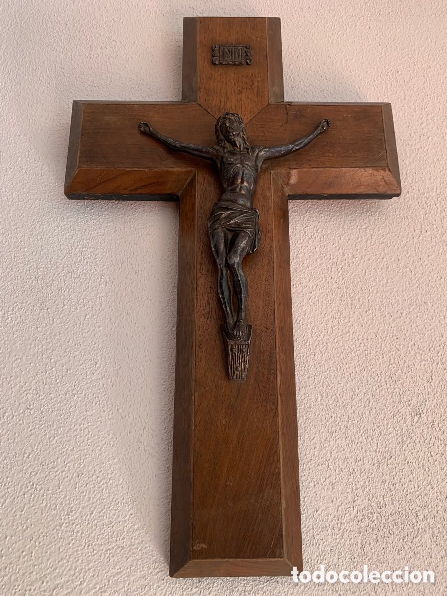 Antig&uuml;edades: Crucifijo antiguo de madera y bronce - Foto 10