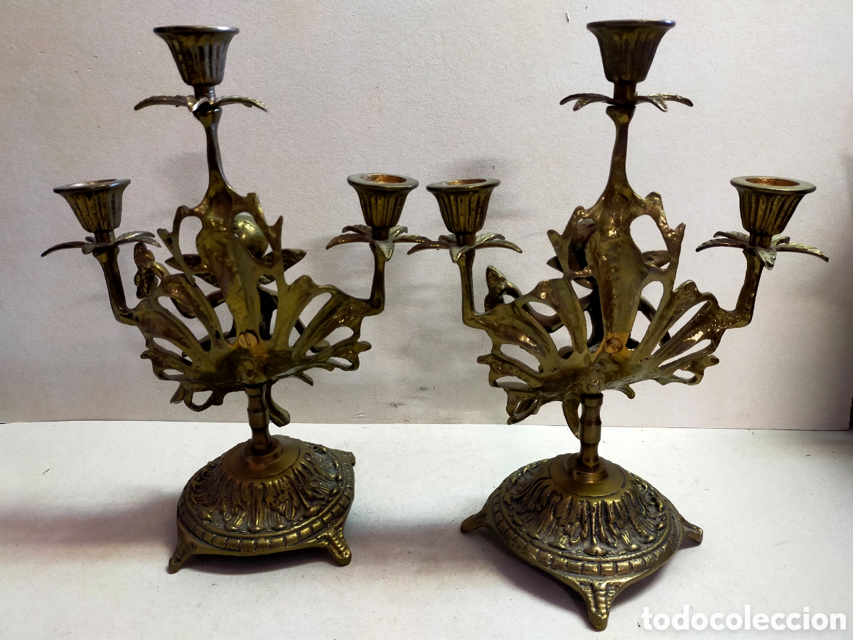 Antig&uuml;edades: PAREJA DE CANDELABROS EN BRONCE. 3 LUCES. - Foto 16