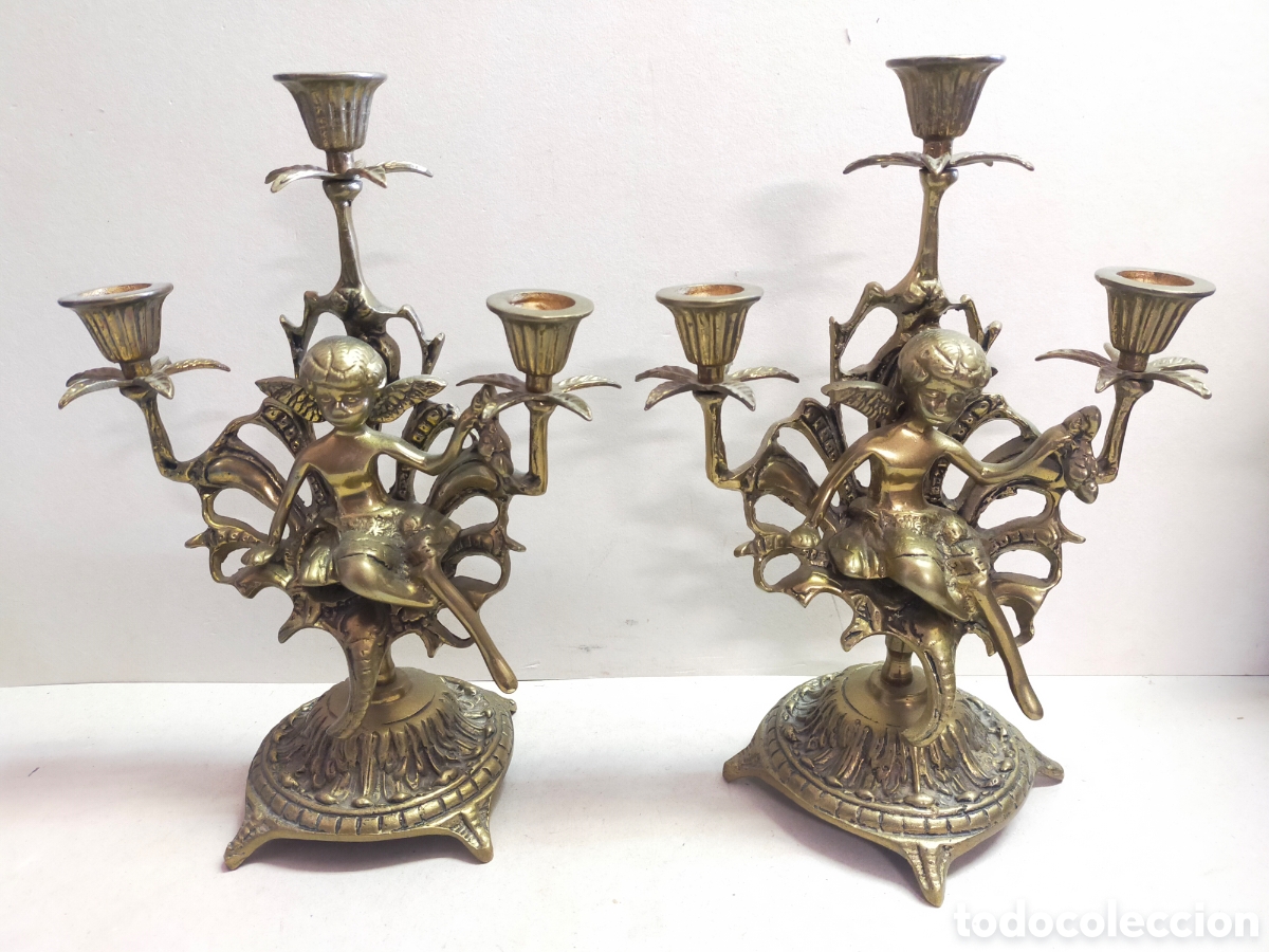Antig&uuml;edades: PAREJA DE CANDELABROS EN BRONCE. 3 LUCES. - Foto 1