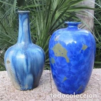 Antig&uuml;edades: 2 floreros torneados gres esmaltados azules - Foto 3