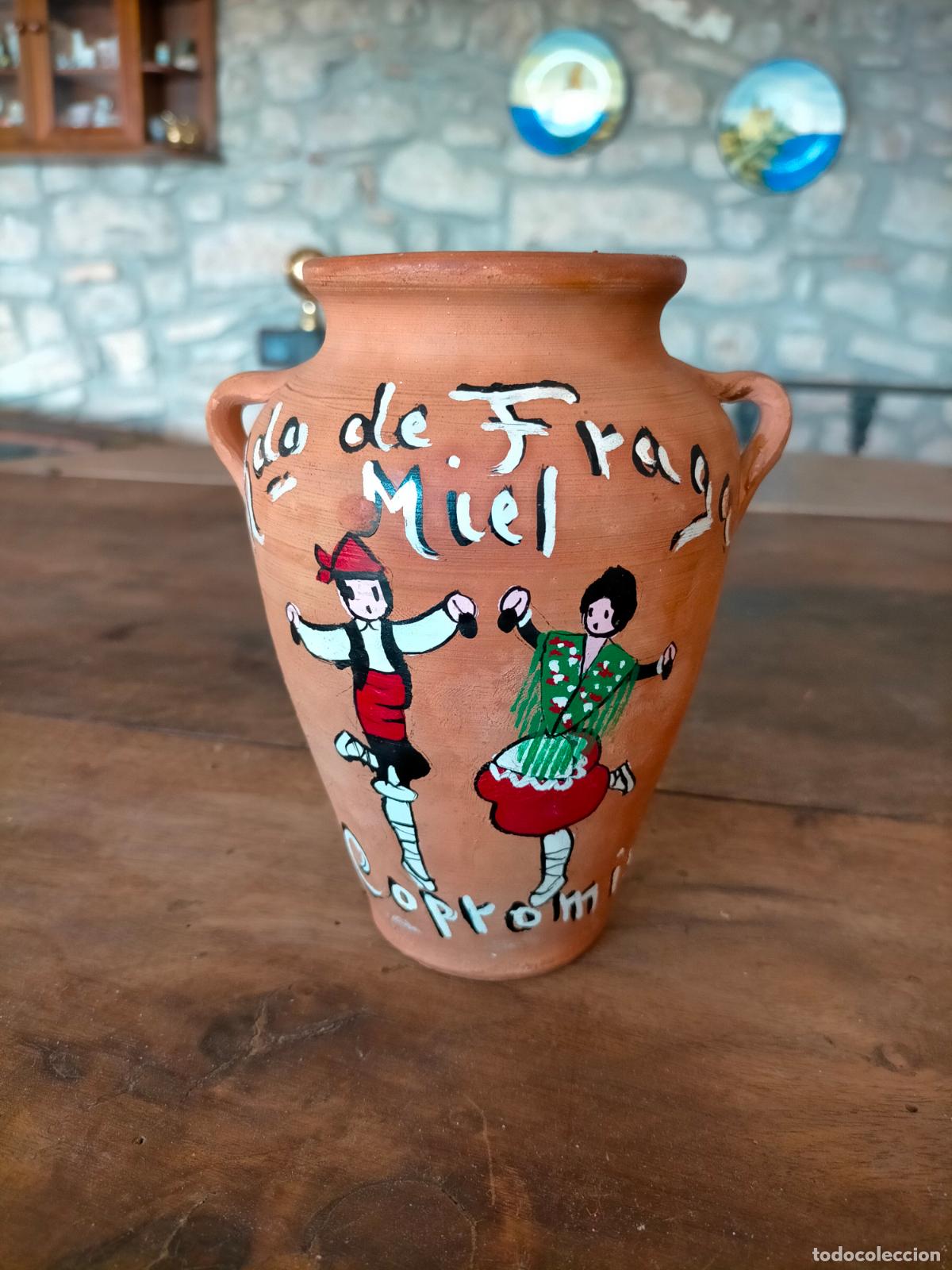 Antig&uuml;edades: Jarra c&aacute;ntaro tarro peque&ntilde;o con Miel Recuerdo de Fraga cer&aacute;mica o similar tap&oacute;n corcho