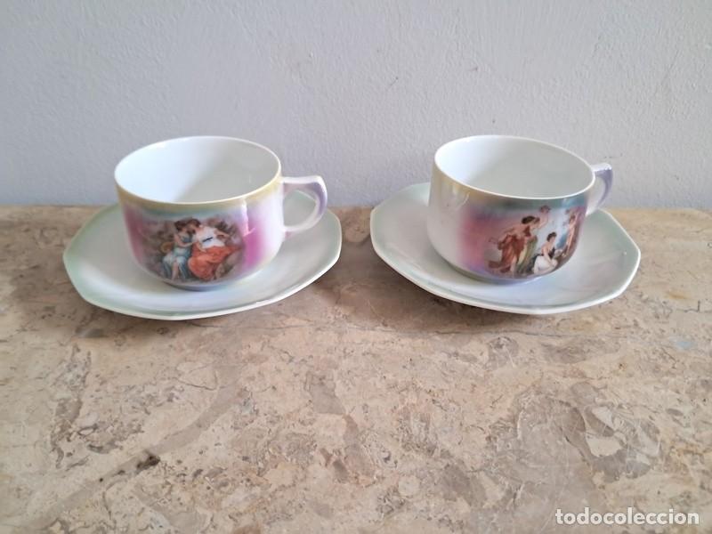 Antig&uuml;edades: LOTE DOS TAZAS Y DOS PLATOS EN CER&Aacute;MICA - DECORACI&Oacute;N ROM&Aacute;NTICA - CON MARCAS EN LA BASE