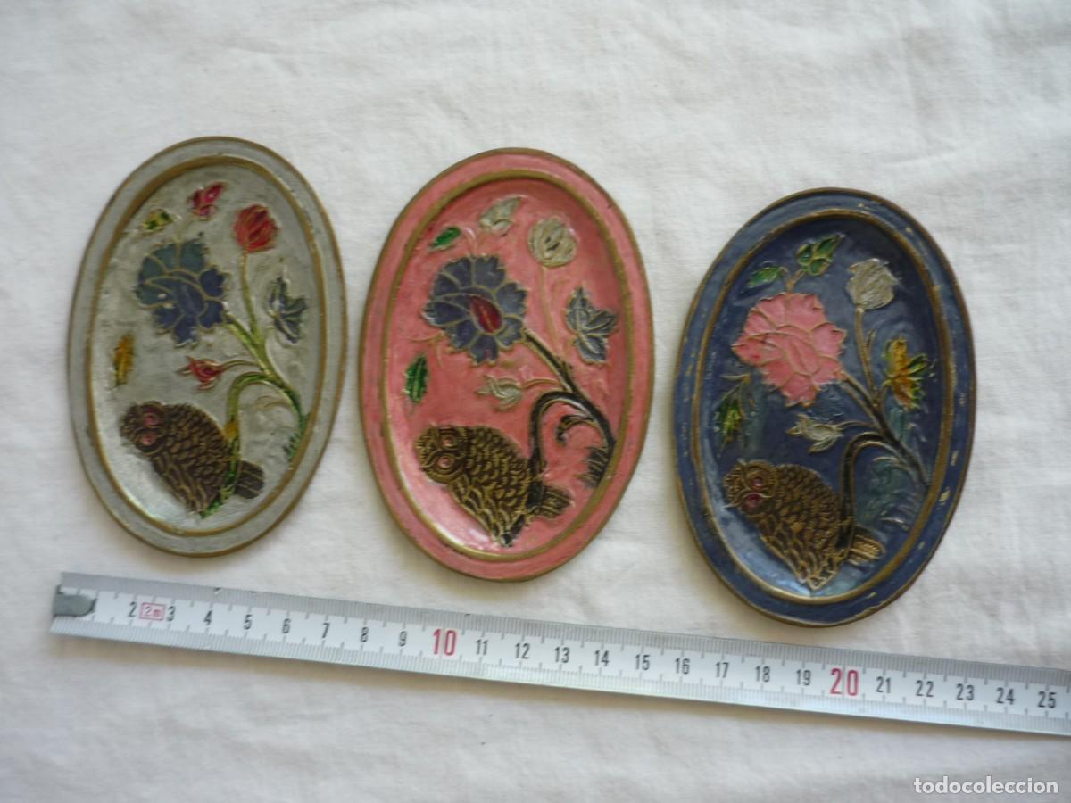 Antig&uuml;edades: 3 bandejas de bronce esmaltadas buhos - Foto 2