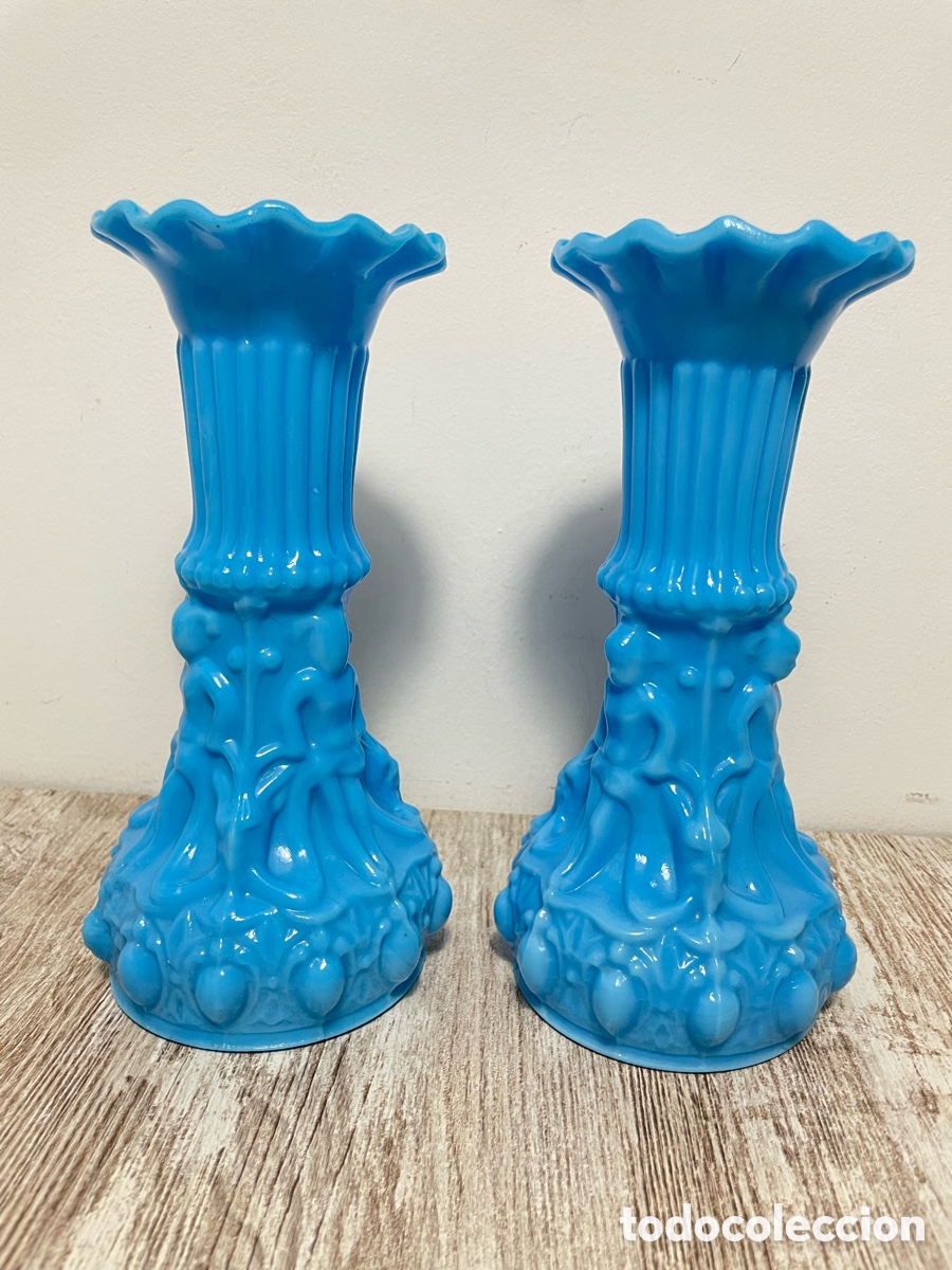 Antig&uuml;edades: PAREJA DE JARRONES - FLOREROS OPALINA AZUL - Foto 4