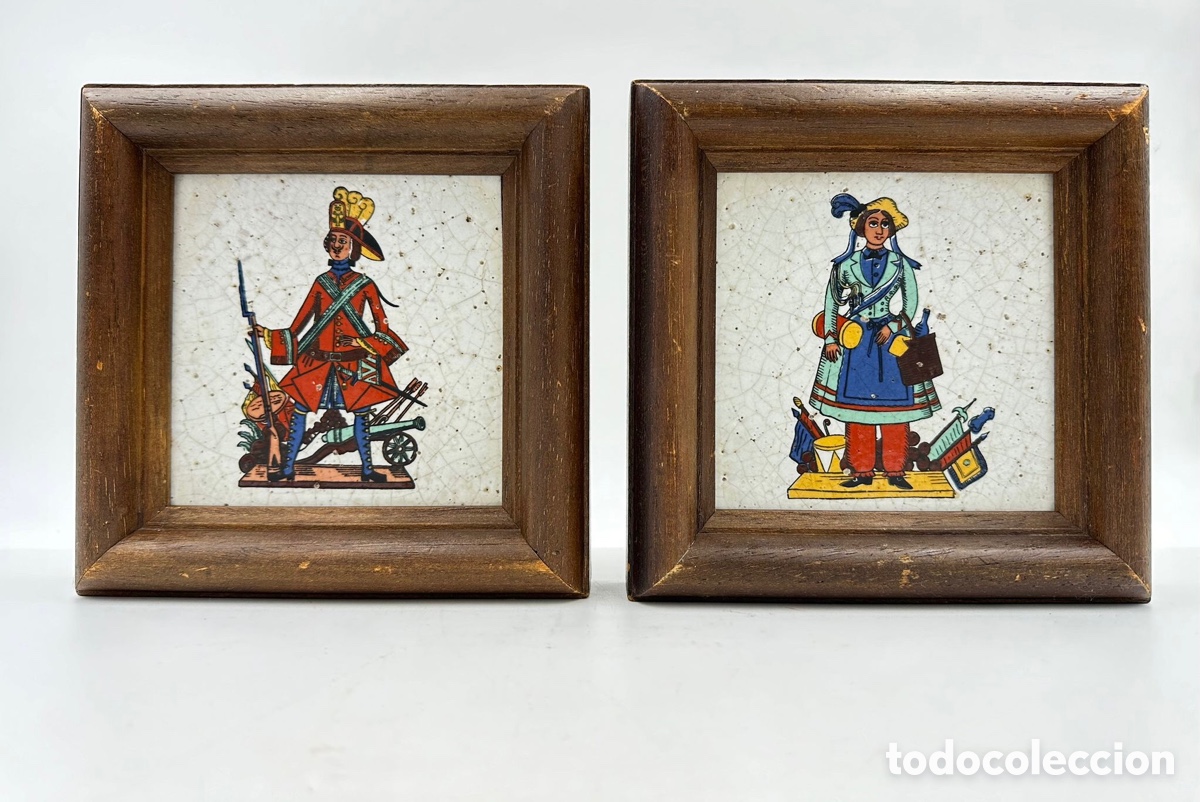 Antig&uuml;edades: Antigua Pareja azulejos enmarcados. - Foto 1