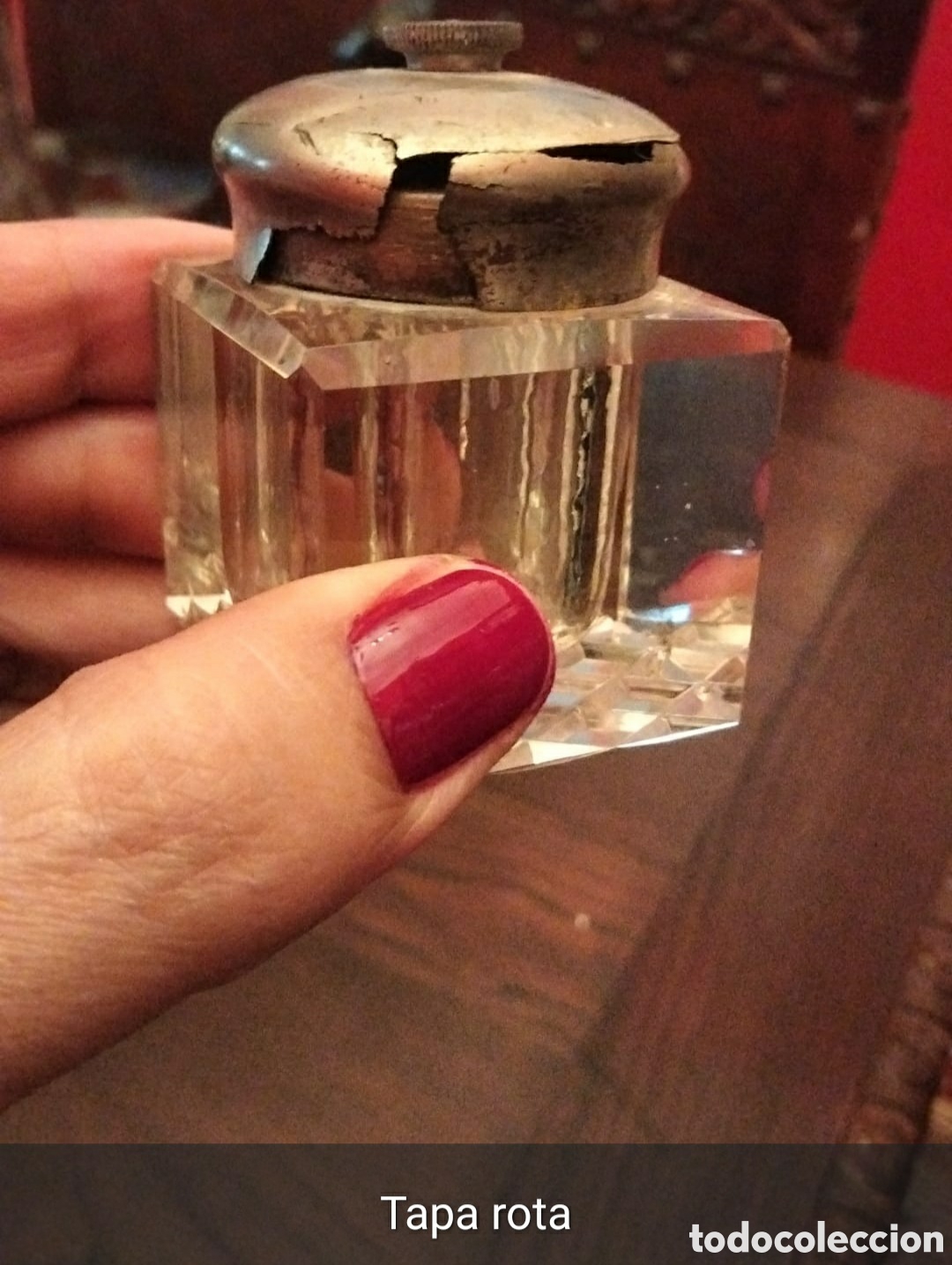 Antig&uuml;edades: Tintero de cristal con defecto en tapa - Foto 7