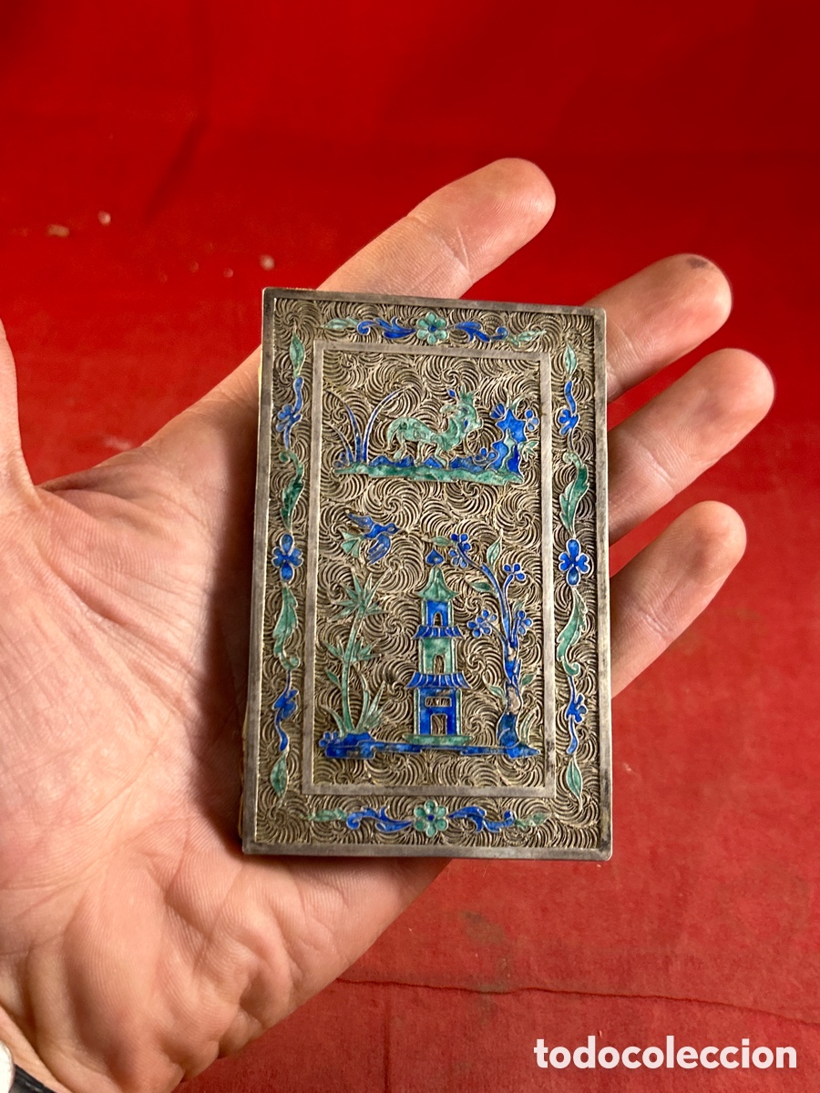 Antig&uuml;edades: TARJETERO ORIENTAL DE PLATA LABRADO Y ESMALTADO - Foto 6