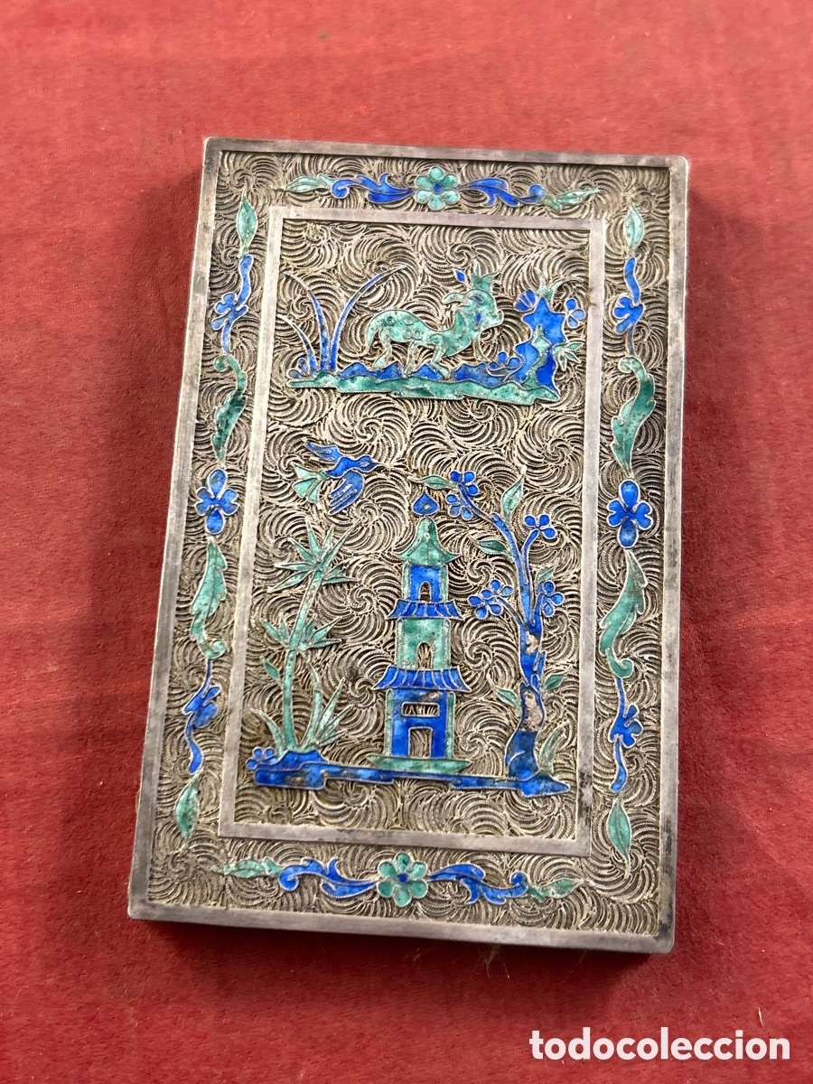 Antig&uuml;edades: TARJETERO ORIENTAL DE PLATA LABRADO Y ESMALTADO - Foto 1