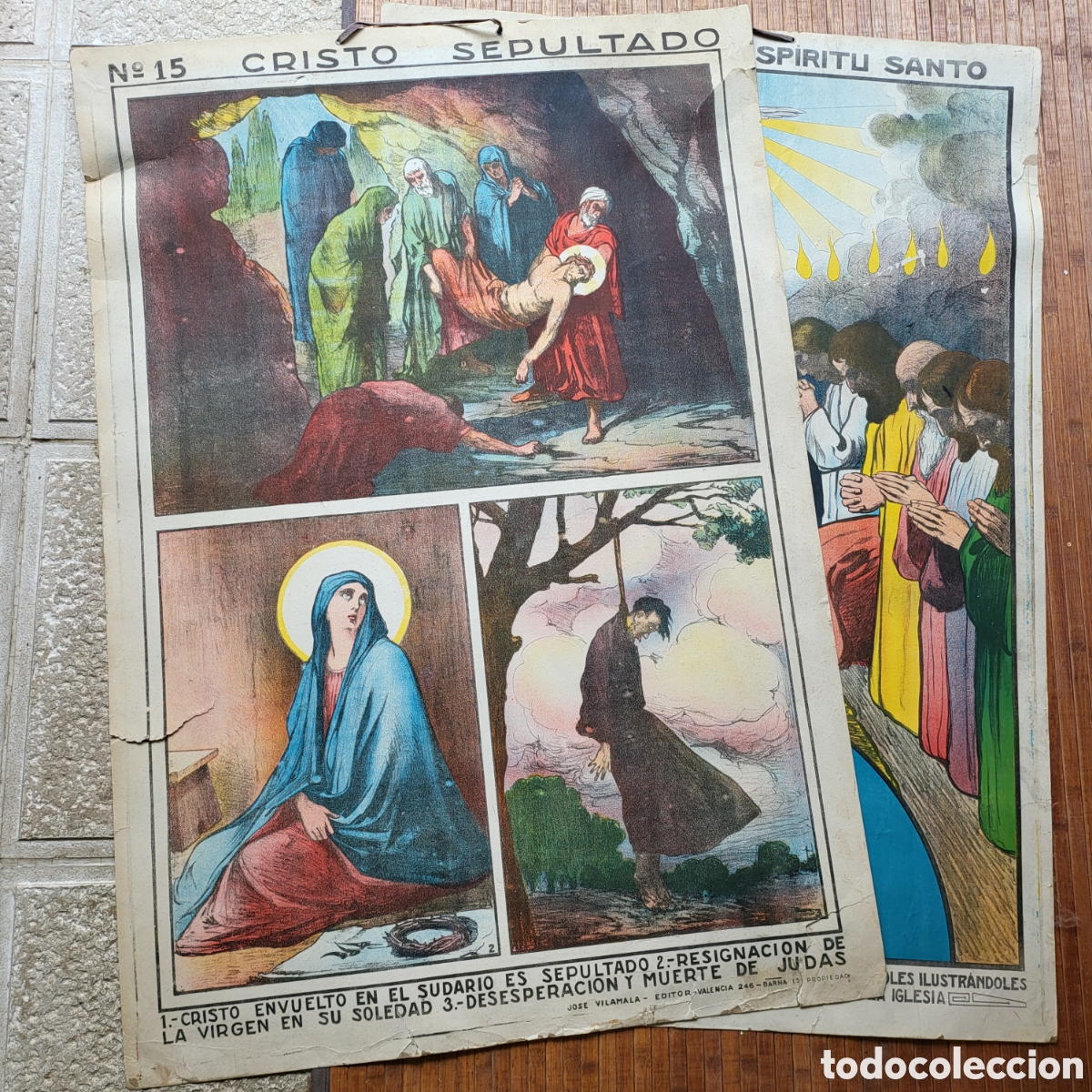 Antig&uuml;edades: Dos carteles religiosos. N&deg; 15 cristo sepultado y N&deg; 25. Creo en el Espiritu Santo. ED. J. Vilamala