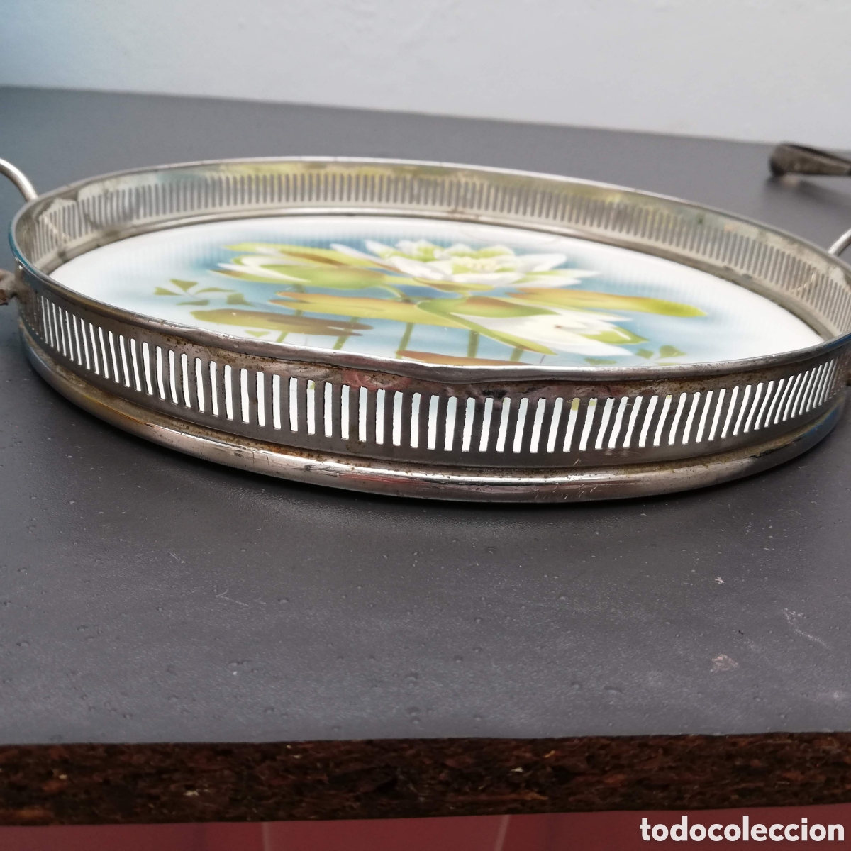 Antig&uuml;edades: BANDEJA DE SERVIR PLATEADA Y CERAMICA - Foto 2