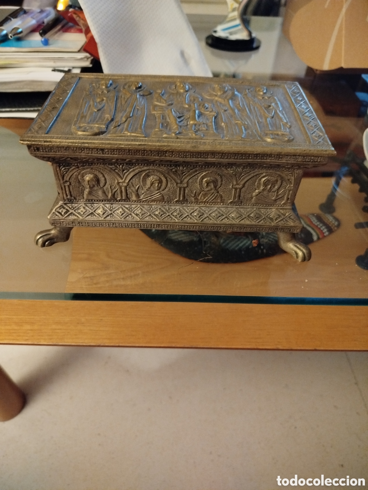 Antig&uuml;edades: Caja joyero cofre bronce y lat&oacute;n - Foto 2