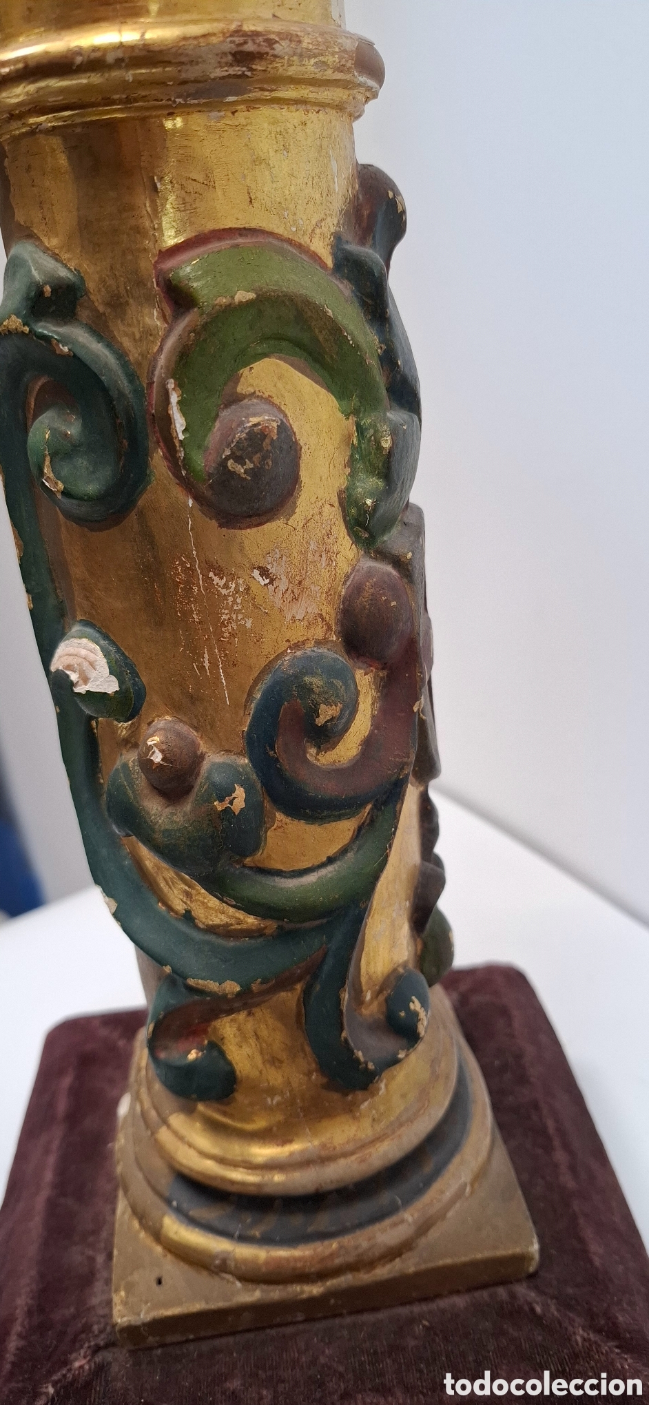 Antig&uuml;edades: Columna de madera tallada policromada transformada l&aacute;mpara moderna. - Foto 12