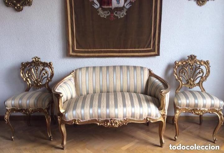 Antig&uuml;edades: LOUIS XVI,SOF&Aacute; Y SILLAS EN MADERA DORADA DEL SIGLO XIX -RECOGIDA