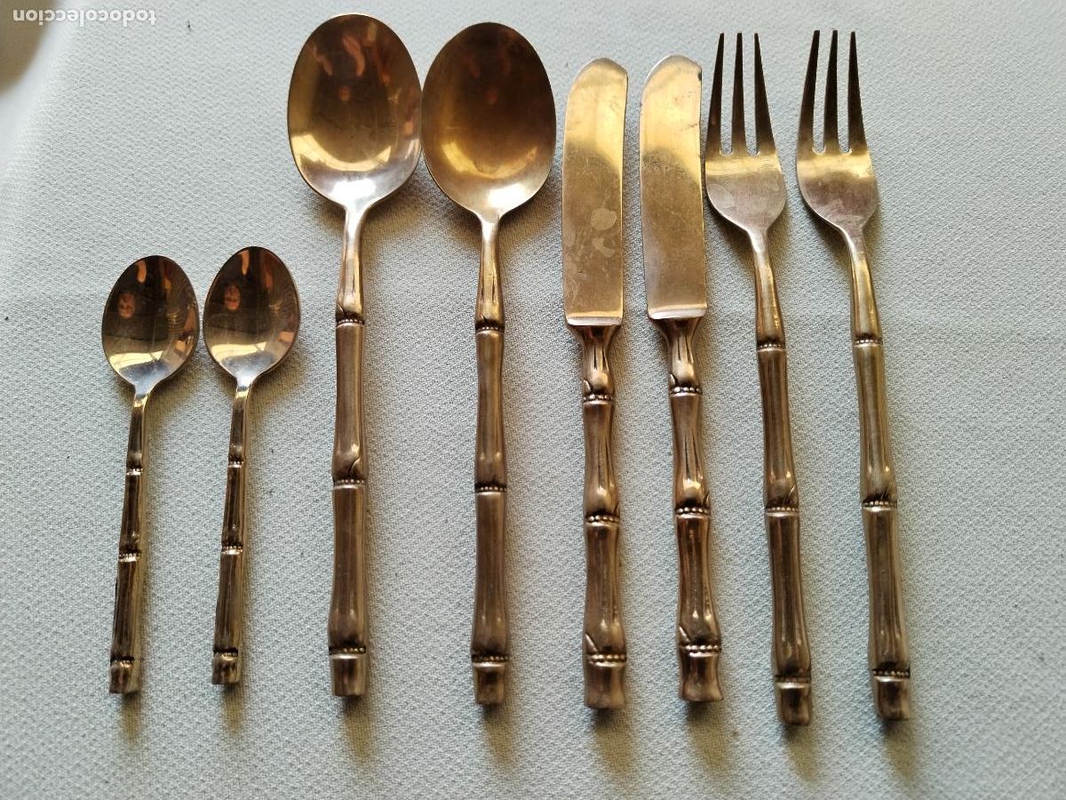 Antig&uuml;edades: 2 cubiertos de bronce con mango de bamb&uacute; - c143 - Foto 2