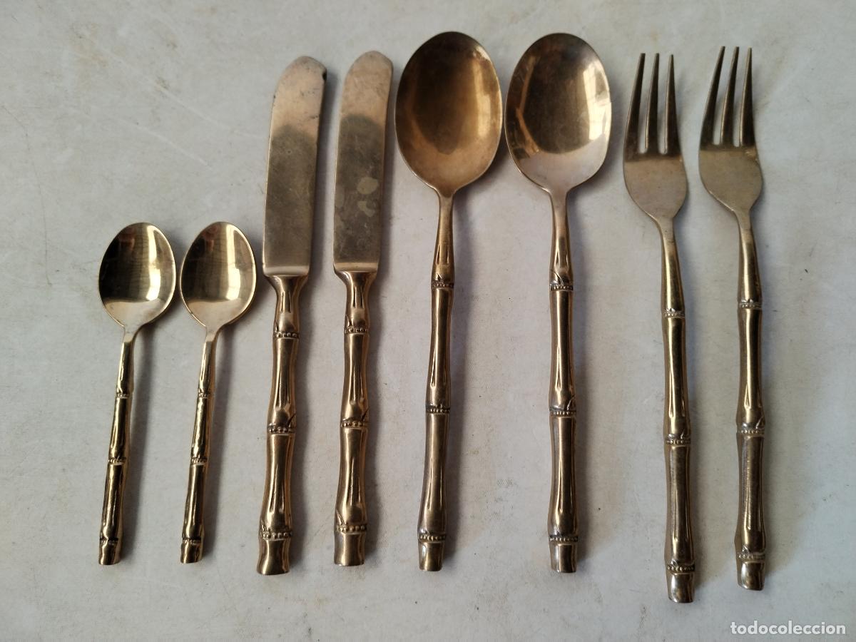Antig&uuml;edades: 2 cubiertos de bronce con mango de bamb&uacute; - c143 - Foto 4