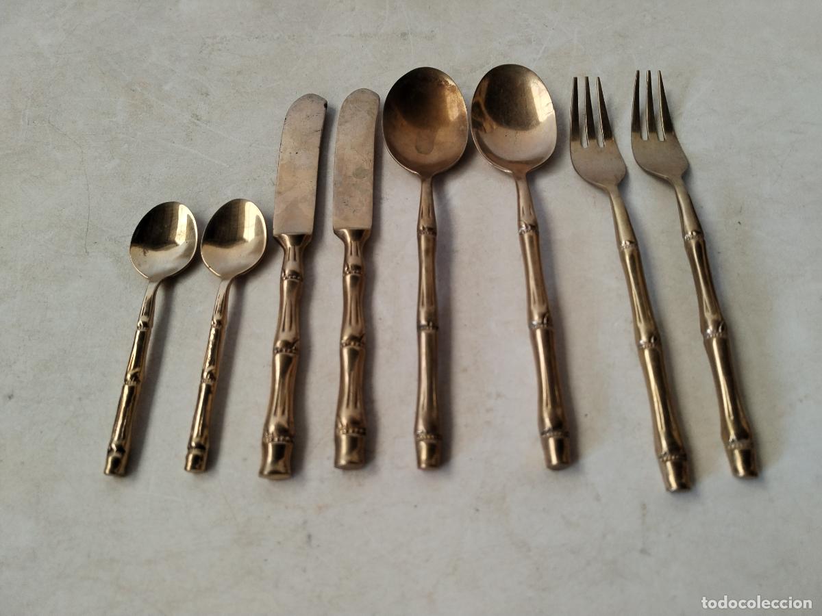 Antig&uuml;edades: 2 cubiertos de bronce con mango de bamb&uacute; - c143 - Foto 5