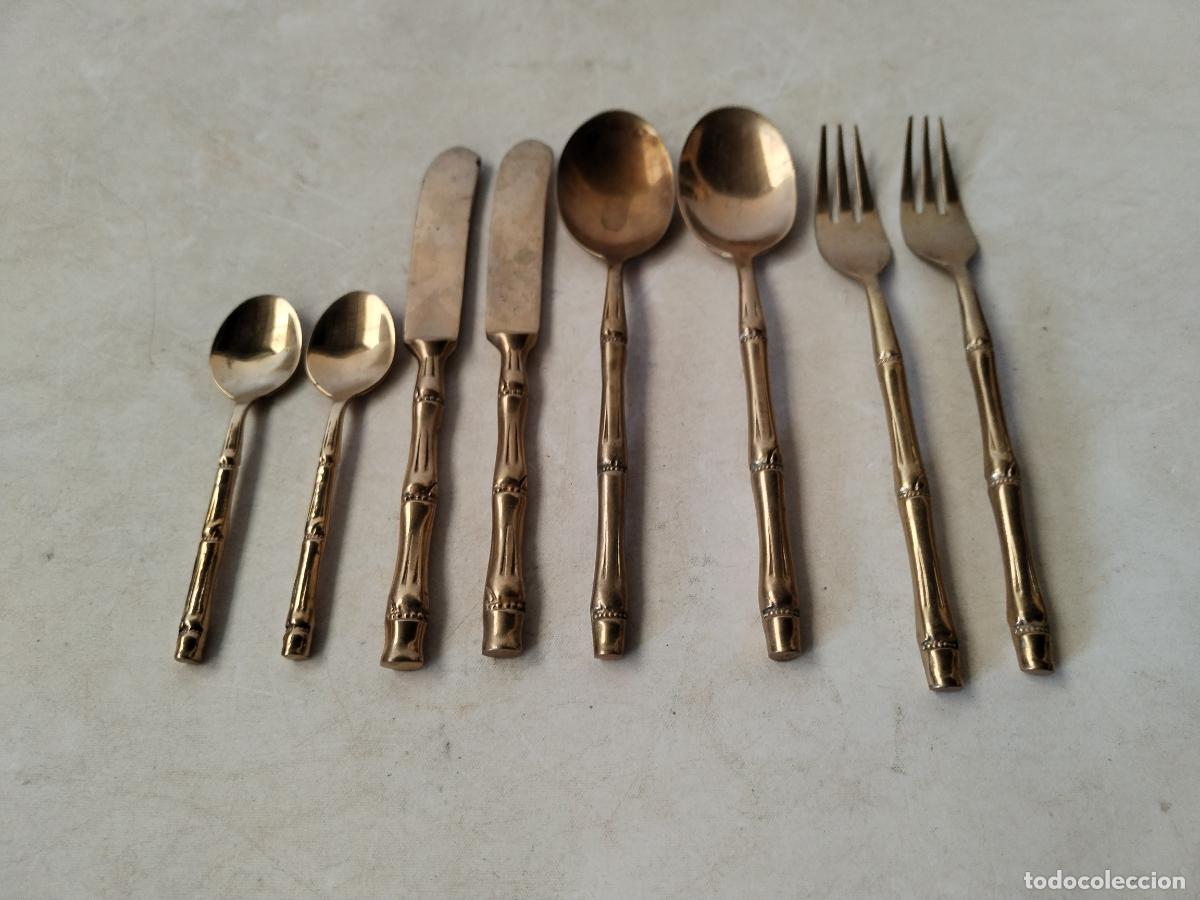 Antig&uuml;edades: 2 cubiertos de bronce con mango de bamb&uacute; - c143 - Foto 1