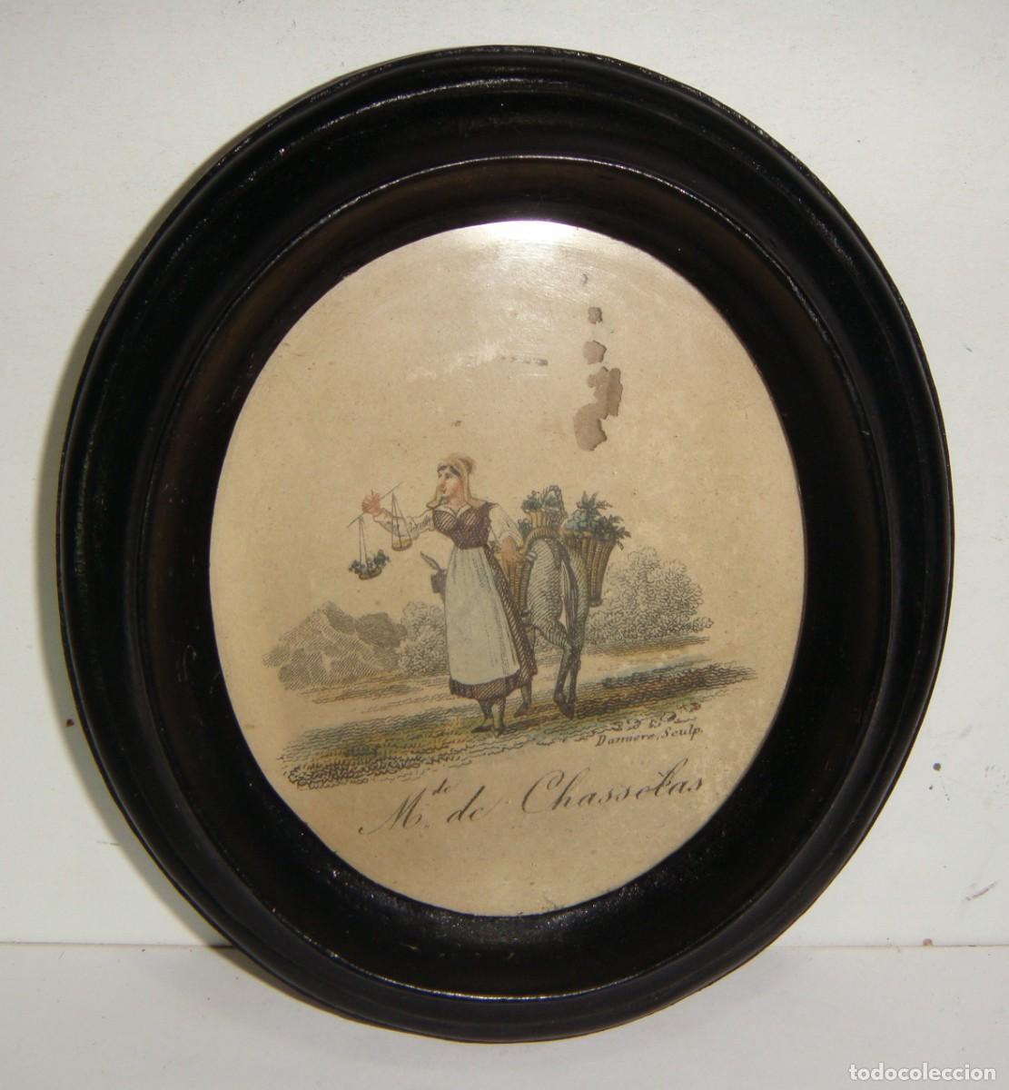 Antiques: Bonita miniatura con grabado de M. de Chasselas. Hacia 1900. Marco de madera.