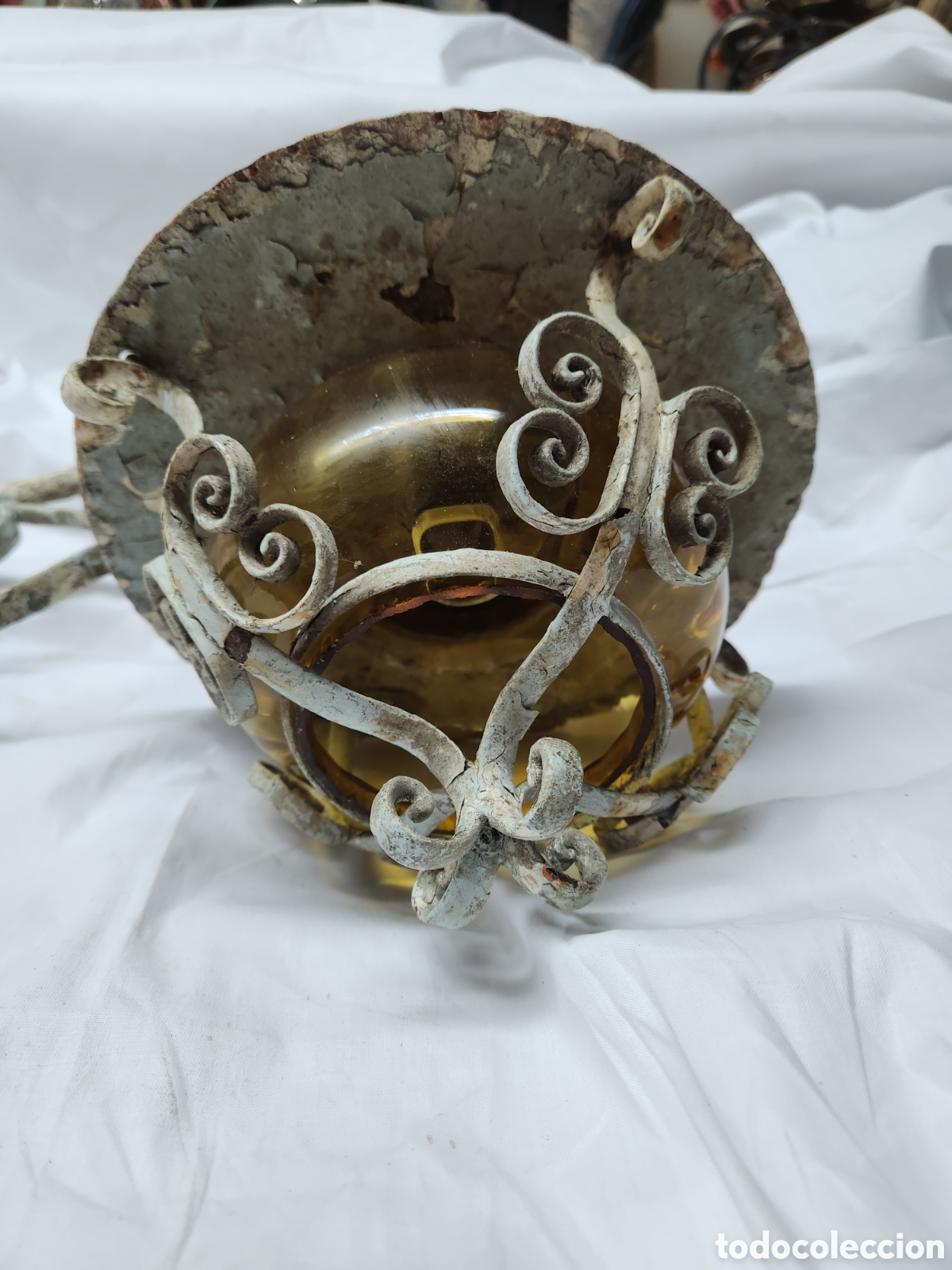 Antig&uuml;edades: ANTIGUO FAROL DE FORJA L&Aacute;MPARA CRISTAL AMBAR. - Foto 2