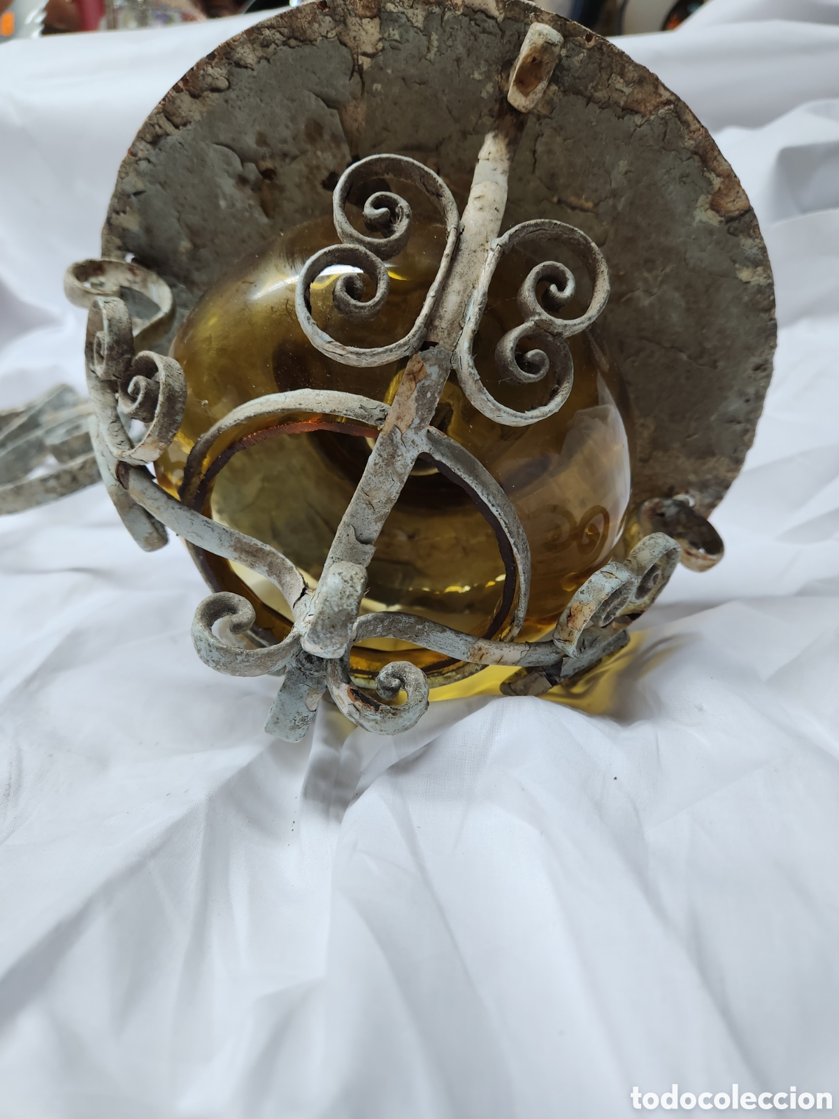Antig&uuml;edades: ANTIGUO FAROL DE FORJA L&Aacute;MPARA CRISTAL AMBAR. - Foto 5