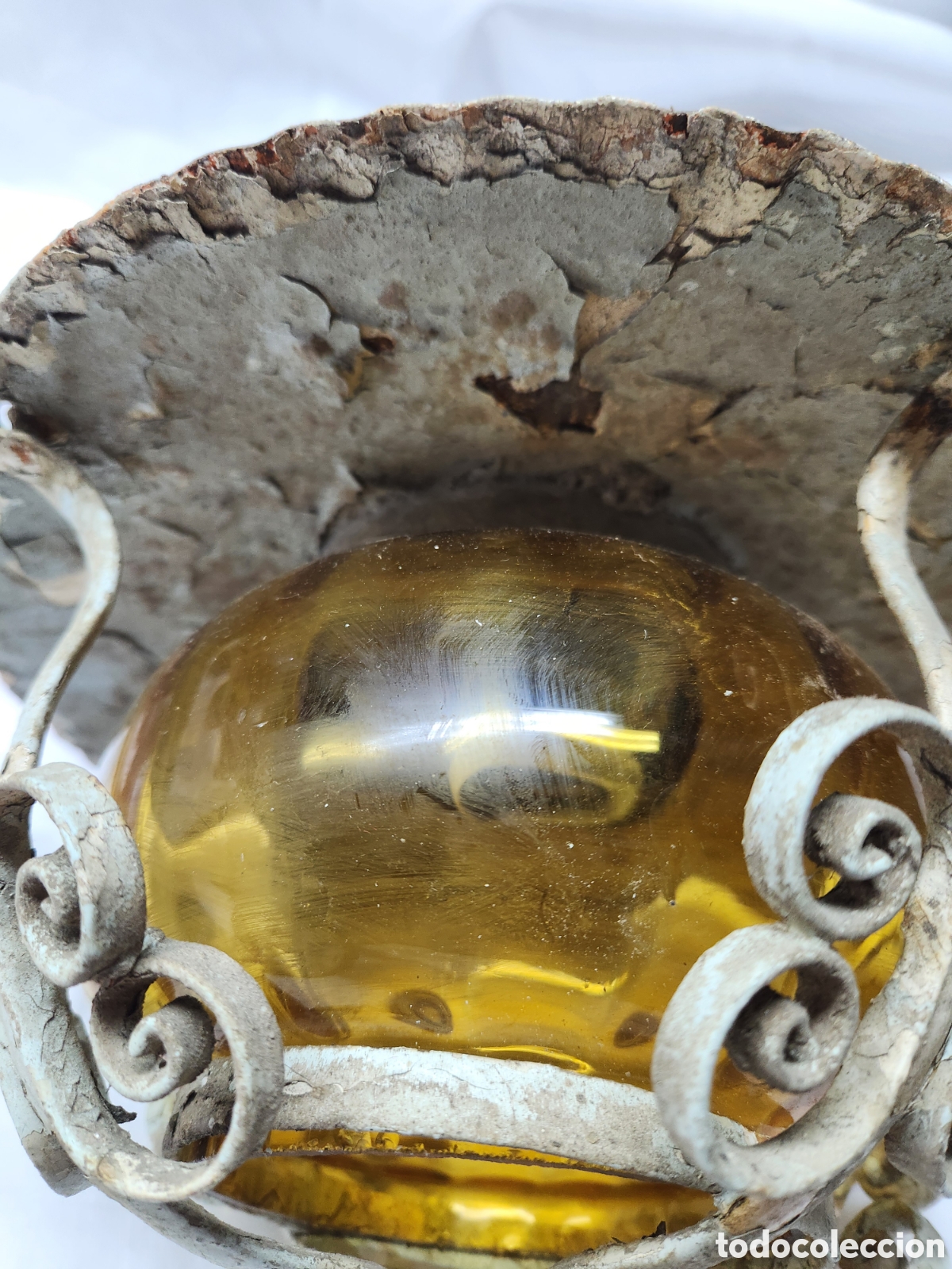 Antig&uuml;edades: ANTIGUO FAROL DE FORJA L&Aacute;MPARA CRISTAL AMBAR. - Foto 6