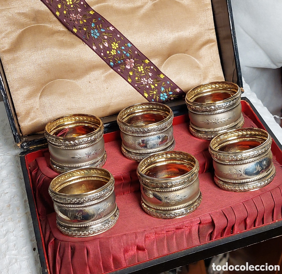 Antiguidades: juego antiguo servilletero de 6 piezas plateadas