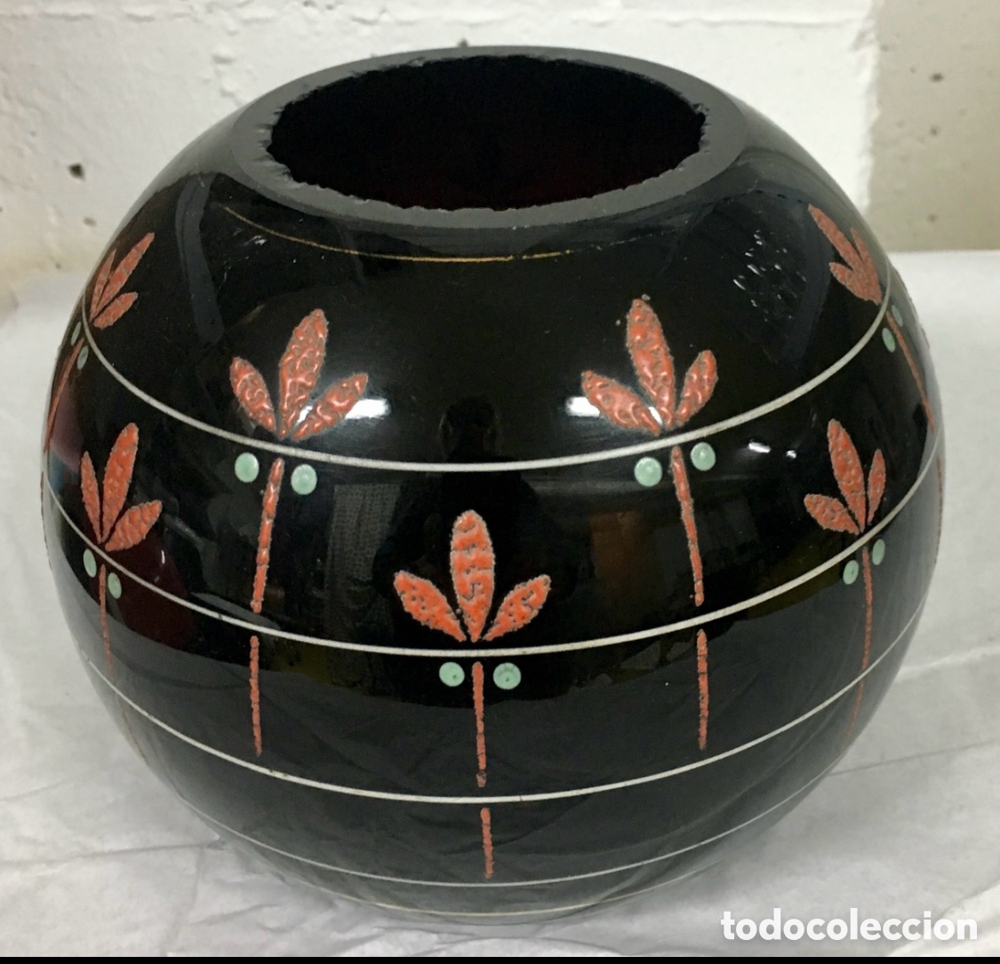 Antig&uuml;edades: Centro de mesa. Jarr&oacute;n. Opalina negra pintada. Mid-Century. - Foto 1