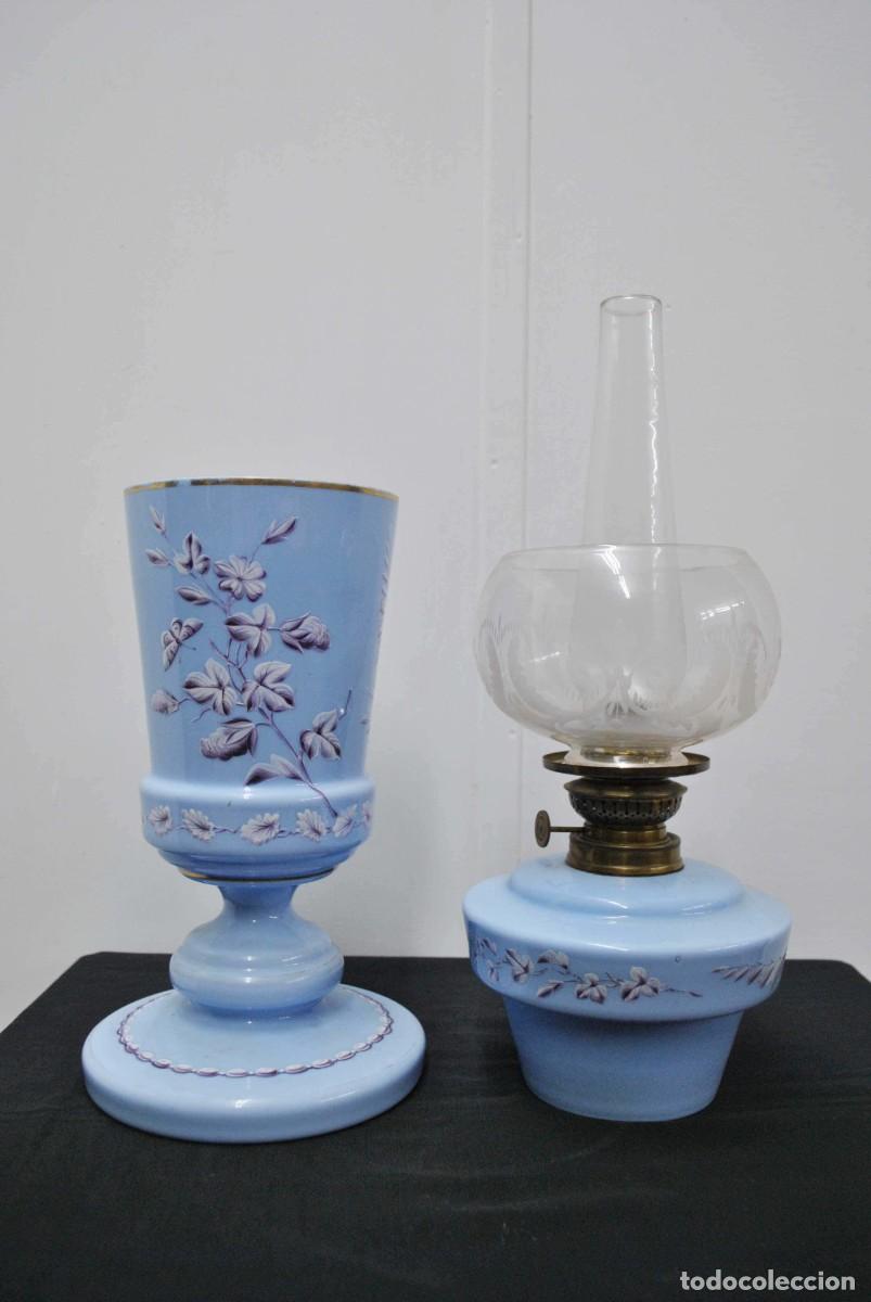Antig&uuml;edades: QUINQU&Eacute; CRISTAL DE OPALINA AZUL - Foto 6