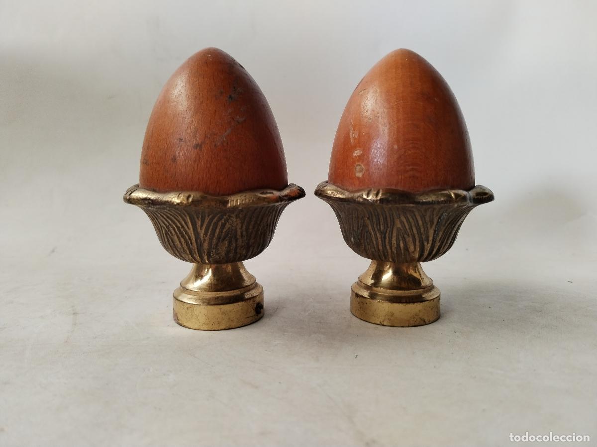 Antig&uuml;edades: 2 copetes terminales de barra en bronce y madera - c145 - Foto 3