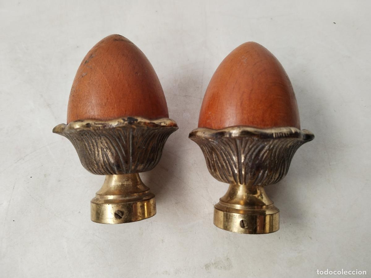 Antig&uuml;edades: 2 copetes terminales de barra en bronce y madera - c145 - Foto 5