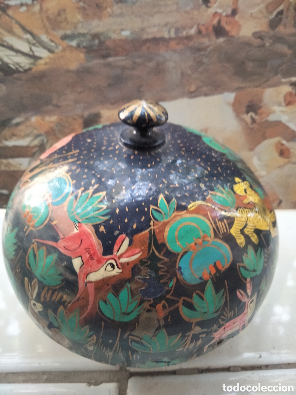 Antig&uuml;edades: Antigua caja Cajita redonda papel mache animales dibujo asi&aacute;tico Tailandia India