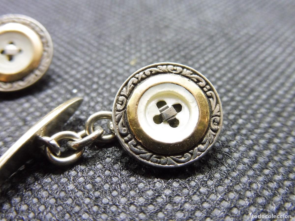 Antig&uuml;edades: Gemelos de plata cabuj&oacute;n de n&aacute;car y filet&iacute;n de oro - Foto 1