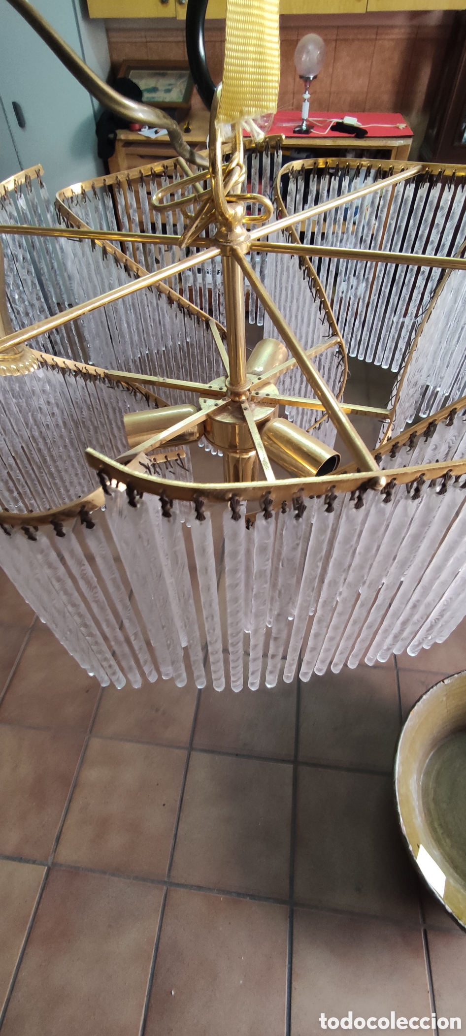 Antig&uuml;edades: Lampara de techo lat&oacute;n y cristal - Foto 3