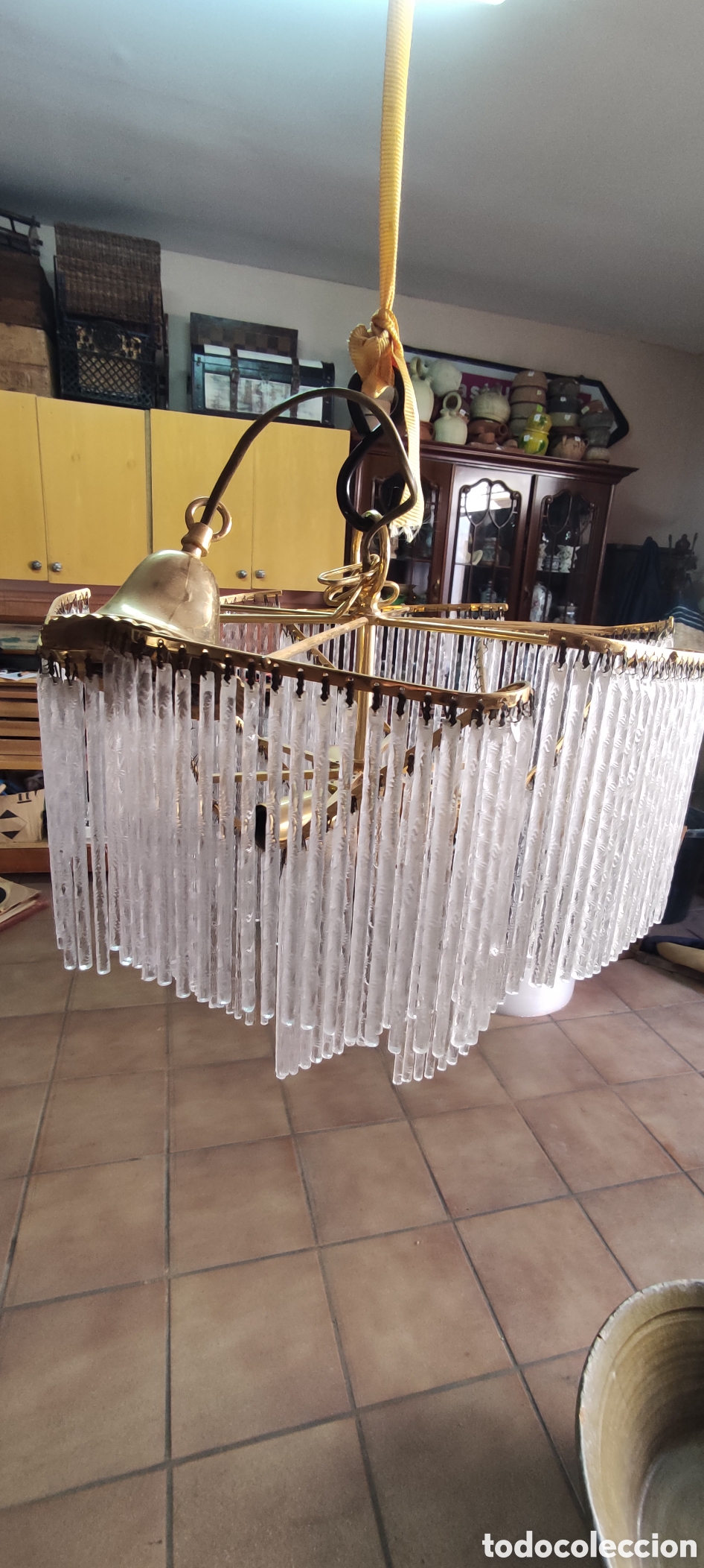Antig&uuml;edades: Lampara de techo lat&oacute;n y cristal - Foto 5