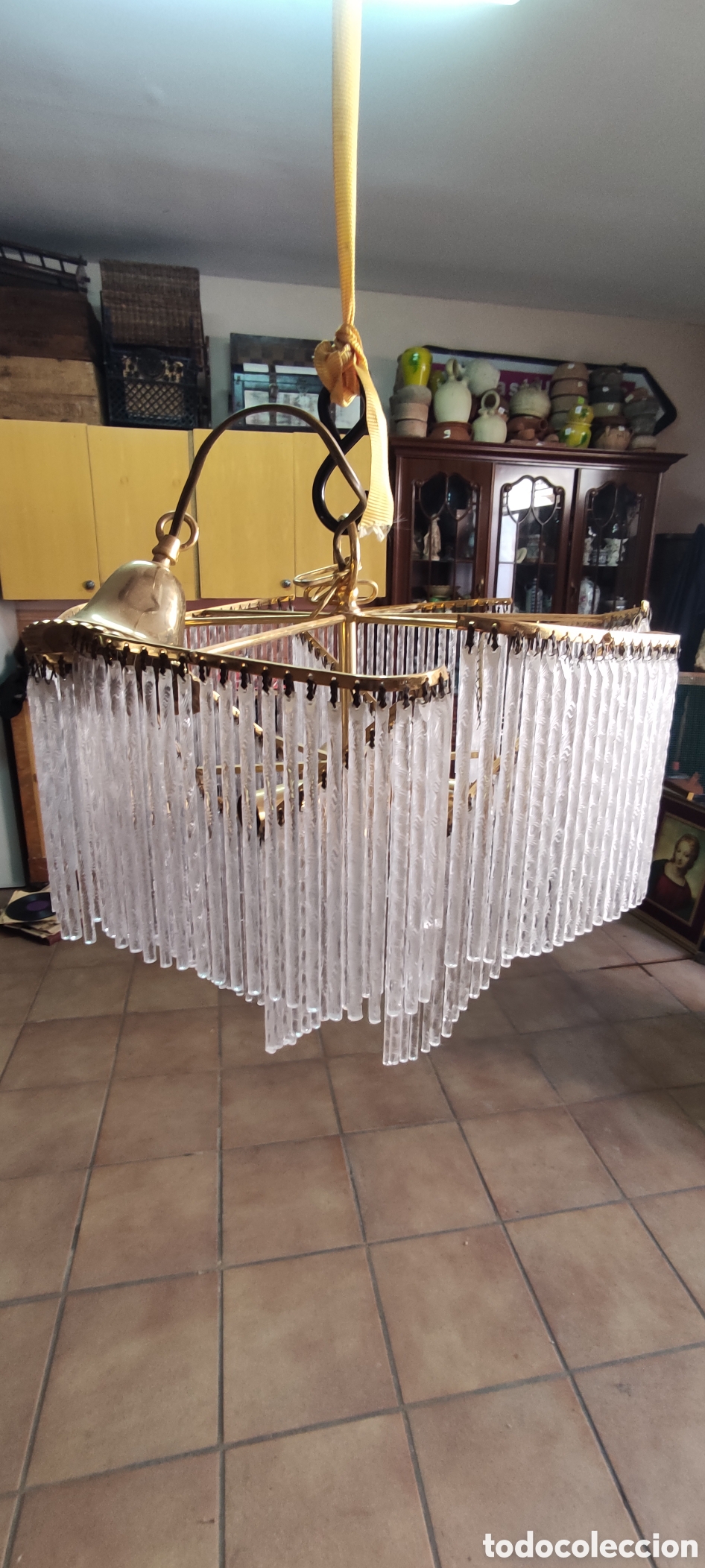 Antig&uuml;edades: Lampara de techo lat&oacute;n y cristal - Foto 9