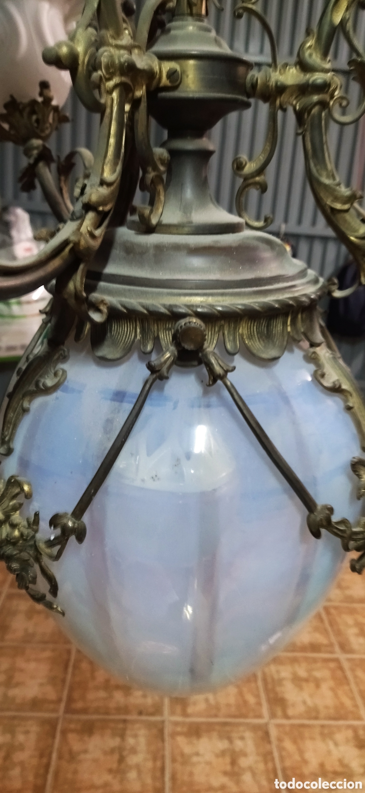 Antig&uuml;edades: Lampara francesa de lat&oacute;n y cristal - Foto 5