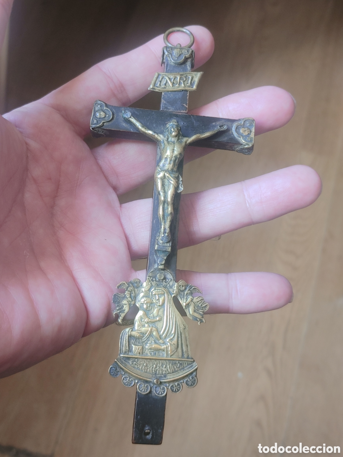 Antig&uuml;edades: Cristo en bronce, con Cruz de madera. S. XIX. - Foto 3