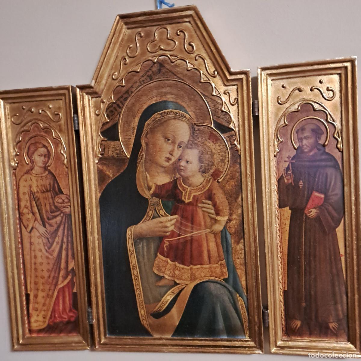Antiquit&auml;ten: TRIPTICO VIRGEN CON NI&Ntilde;O, SANTO Y SANTA. EN MADERA POLICROMADA.