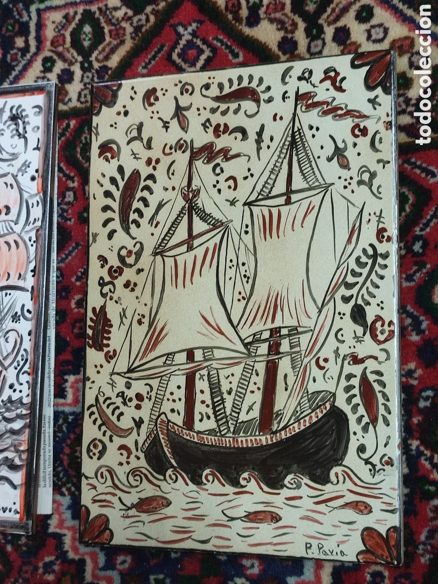 Antig&uuml;edades: Dos azulejos estilo Socarrats con barcos - Foto 2