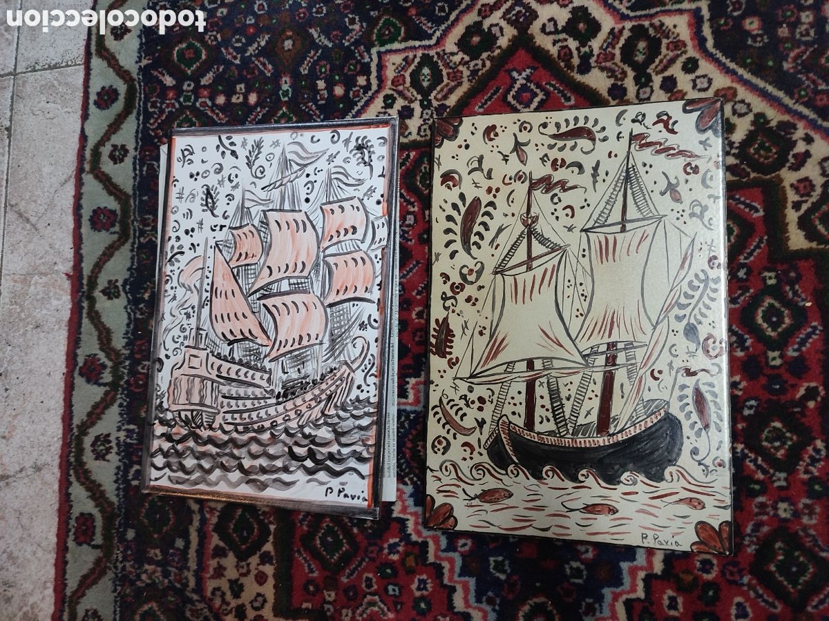 Antig&uuml;edades: Dos azulejos estilo Socarrats con barcos - Foto 1