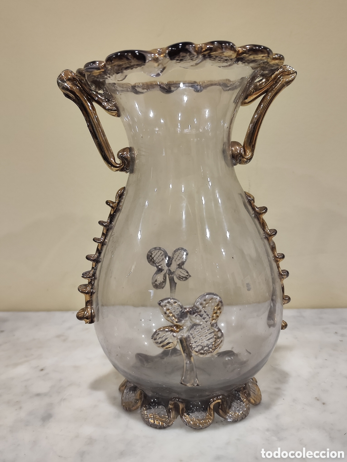 Antig&uuml;edades: Florero en cristal con decoraci&oacute;n dorada. - Foto 3