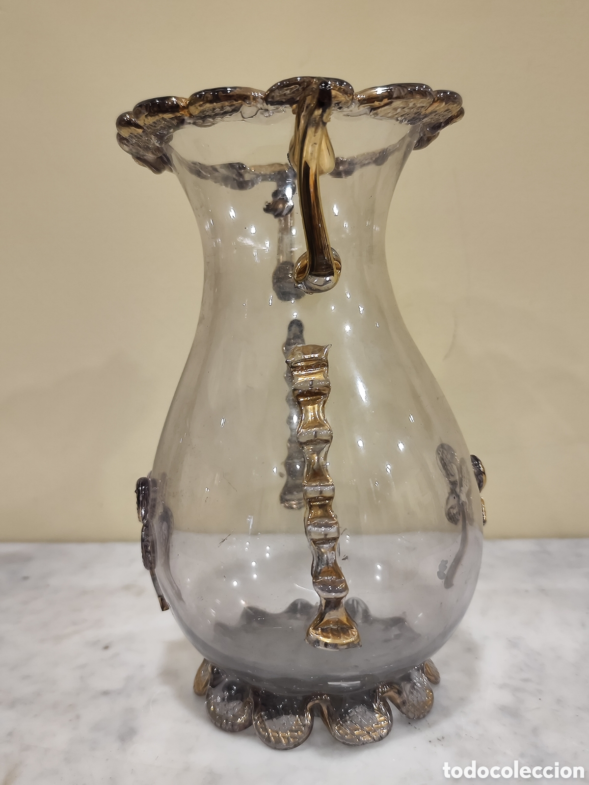 Antig&uuml;edades: Florero en cristal con decoraci&oacute;n dorada. - Foto 4