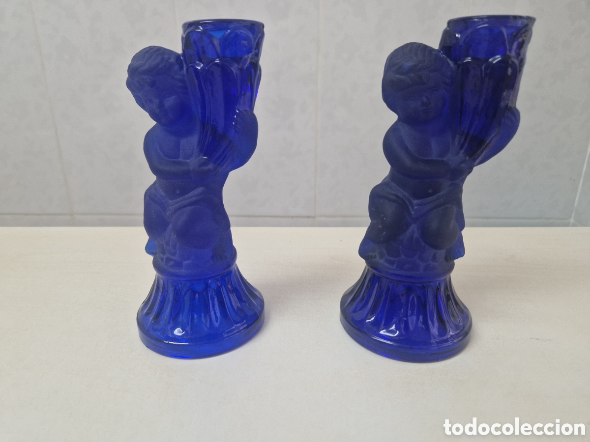 Antig&uuml;edades: BONITOS POSABELAS DE CRISTAL AZUL - Foto 2