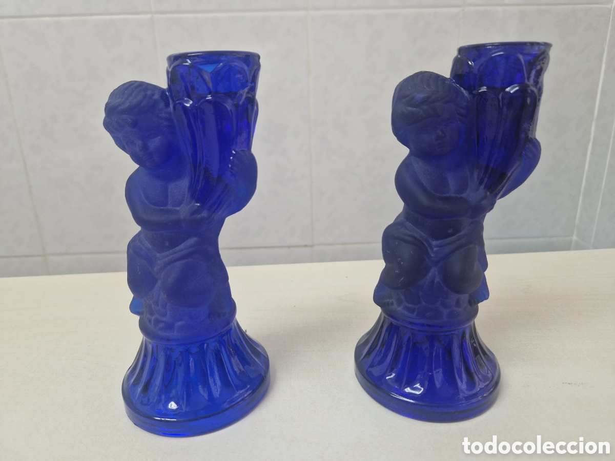 Antig&uuml;edades: BONITOS POSABELAS DE CRISTAL AZUL - Foto 5