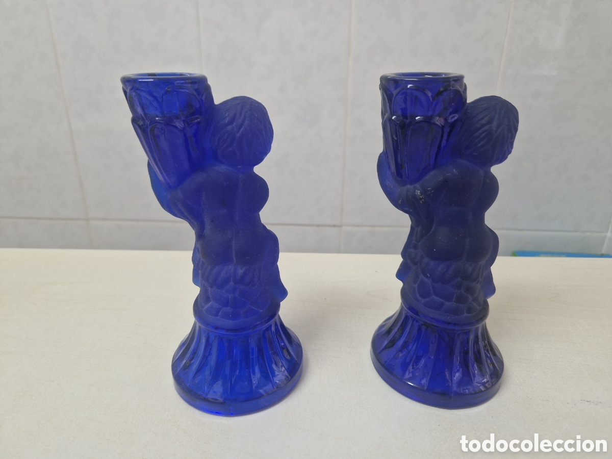 Antig&uuml;edades: BONITOS POSABELAS DE CRISTAL AZUL - Foto 9