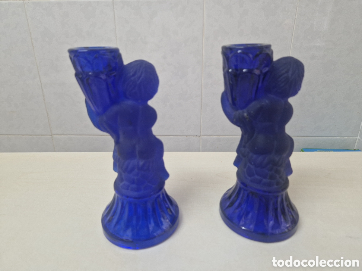 Antig&uuml;edades: BONITOS POSABELAS DE CRISTAL AZUL - Foto 10